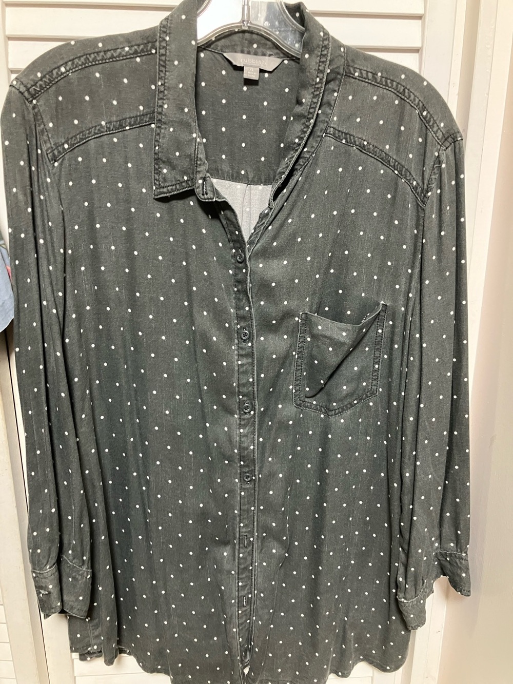 Rubbish Charcoal Button-Up Shirt with White Polka Dots